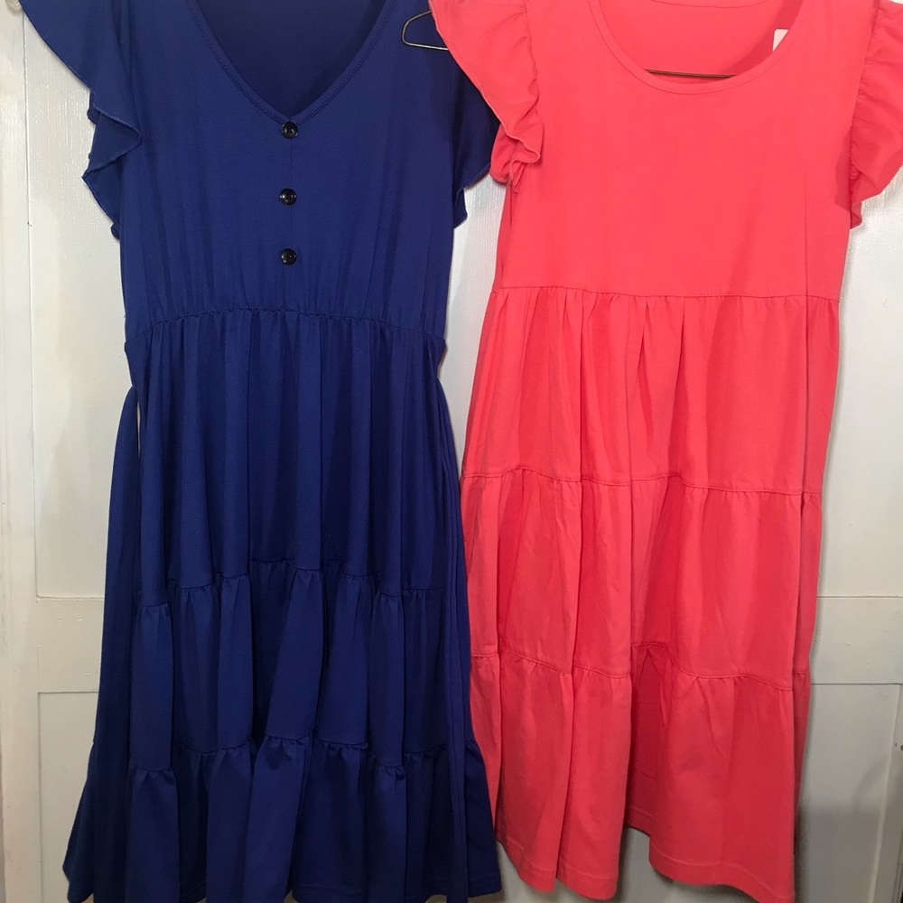 Girls Tiered Ruffle Skirt Sleeve Dress - Blue and Corals